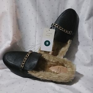 A New Day size 9 REBE black faux fur flat mules gold chain vegan leather Target